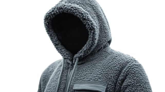 Mysterious figure in a hooded jacket standing against a bright background in an ambiguous setting
