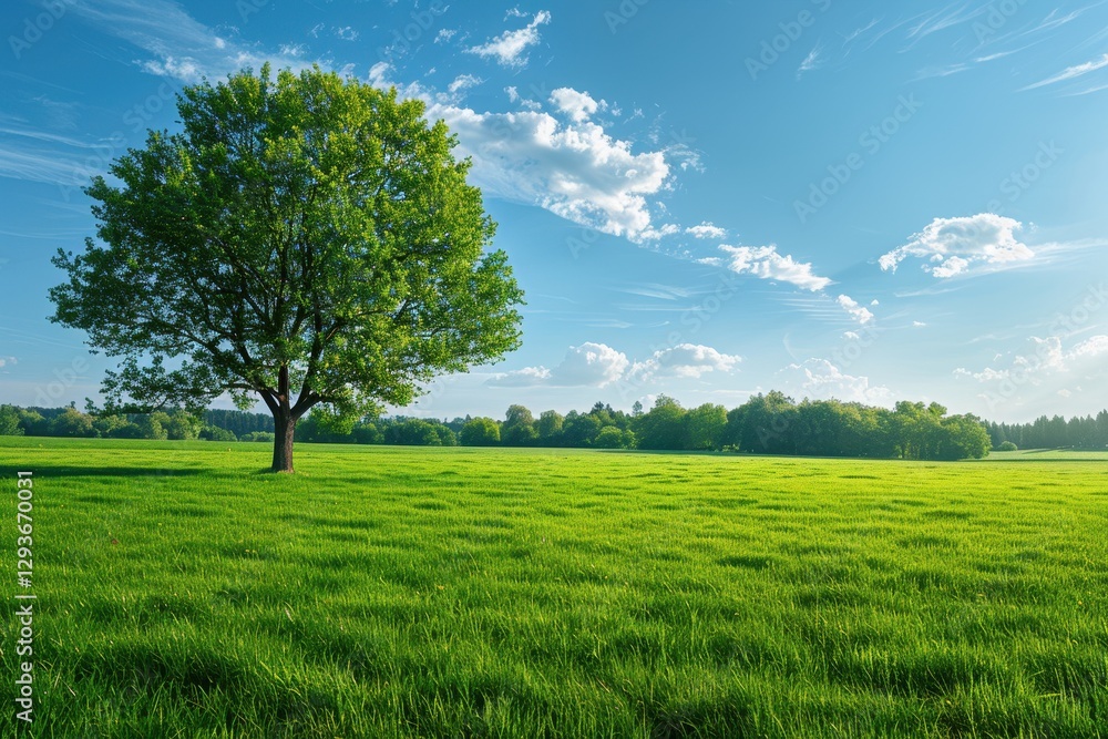 Aufkleber single tree in a vast green field under a bright blue sky with fluffy white clouds