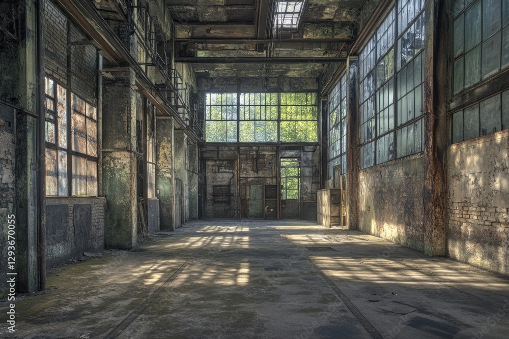 Poster an abandoned industrial building with many windows, perfect for use in architecture or urban explora