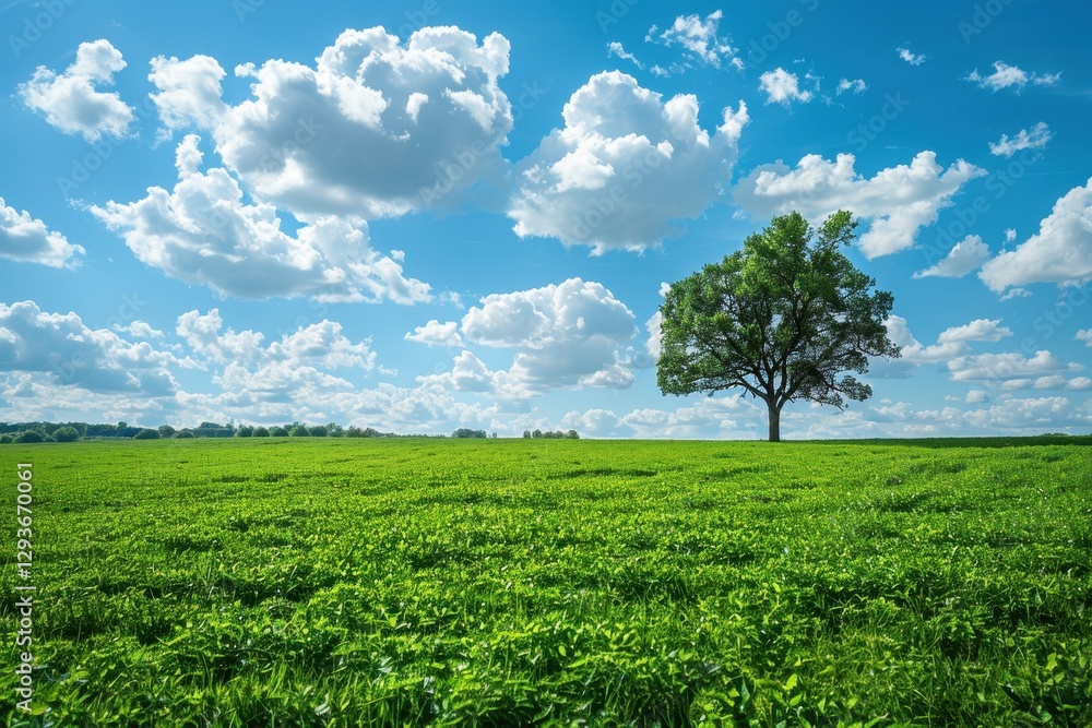 Aufkleber single tree standing in a lush green field under a vibrant blue sky with fluffy white clouds
