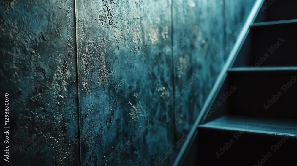 Poster a close-up shot of a staircase with a blue wall, suitable for use in architectural or interior desig