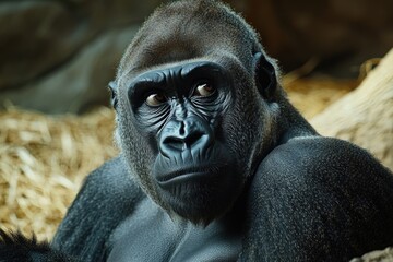 Obraz premium A gorilla's face in a close-up view, suitable for wildlife or conservation-themed projects