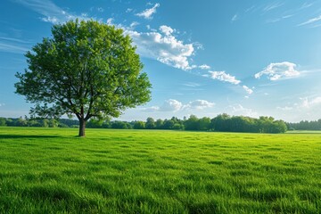 Obraz premium Single tree in a vast green field under a bright blue sky with fluffy white clouds