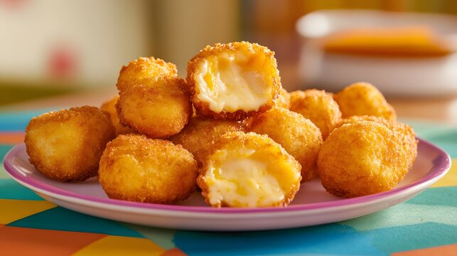 Golden fried cheese curds stacked on a pink rimmed plate