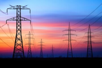 Electricity transmission lines against a colorful sunset sky