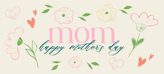 Trendy crayon Mother's Day in nude, beige color. Spring crayon flower for holiday design. Mother day design with chalk texture. Vector illustration template