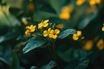 Fototapeta premium A detailed view of a bright yellow flower with green leaves, perfect for illustrations and designs