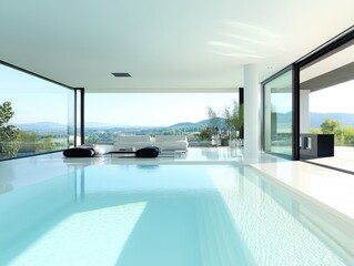 Fototapeta premium A large swimming pool with a view of the mountains. The pool is surrounded by white furniture and a few potted plants