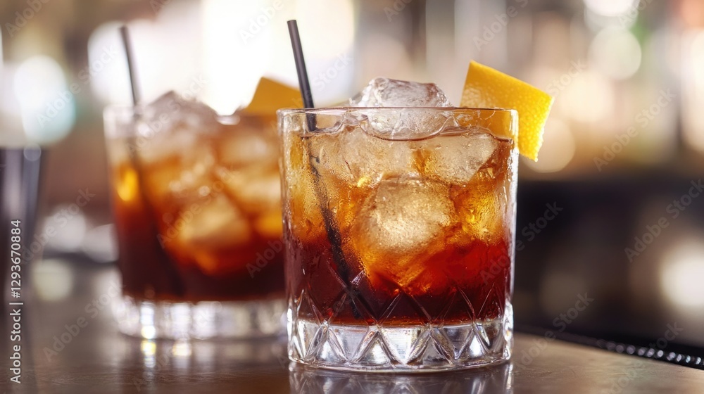 Poster a close-up view of two glasses with drinks on a table, ideal for use in still life or beverage-relat