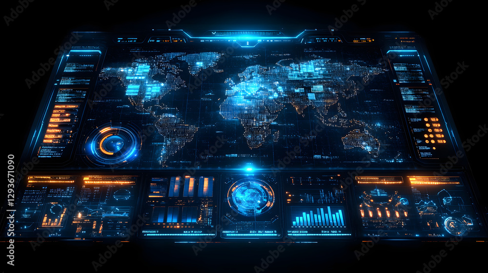 Poster world map hologram display: futuristic world map hologram on a digital control panel, data visualiza