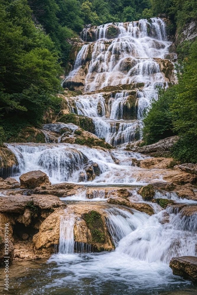 Poster a waterfall flows down the side of a mountain, surrounded by lush greenery