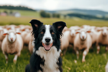 A happy, alert herding dog, with black and white fur, stands proudly in a green pasture in front of a flock of wooly sheep. Rolling green hills in background.