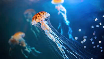 Scyphoid Jellyfish Swims Gracefully Amongst Watery Bokeh, Capturing the Majesty and Mystery of the Deep Sea