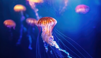 Fototapeta premium Swimming Scyphoid Jellyfish in a BokehFilled Ocean, Glowing Tentacles Trailing Against a Vibrant Sunlit Background, Stunning Marine Life Photography Showcasing Natures Wonders Underwater.