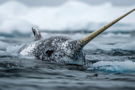A narwhal swims in the ocean, its distinctive horn visible