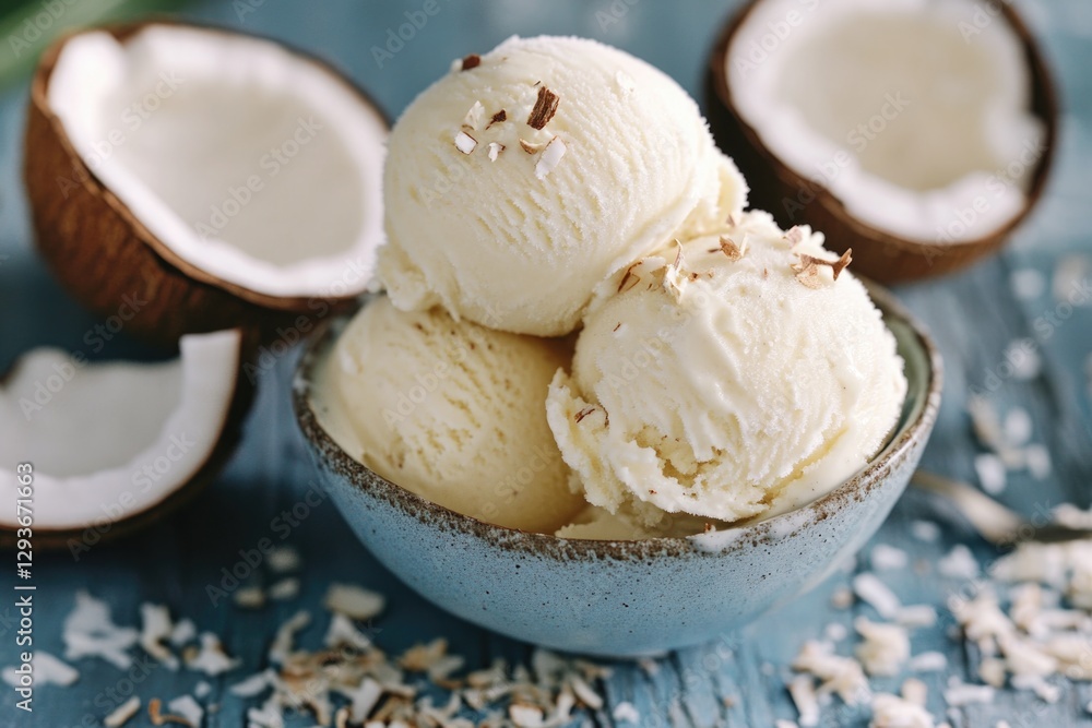 Poster a colorful and appetizing image of three scoops of ice cream in a bowl, perfect for promoting sweet 