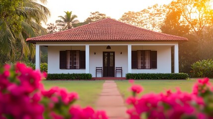 Fototapeta premium Charming cottage retreat lush garden photography serene environment early morning tranquility in nature
