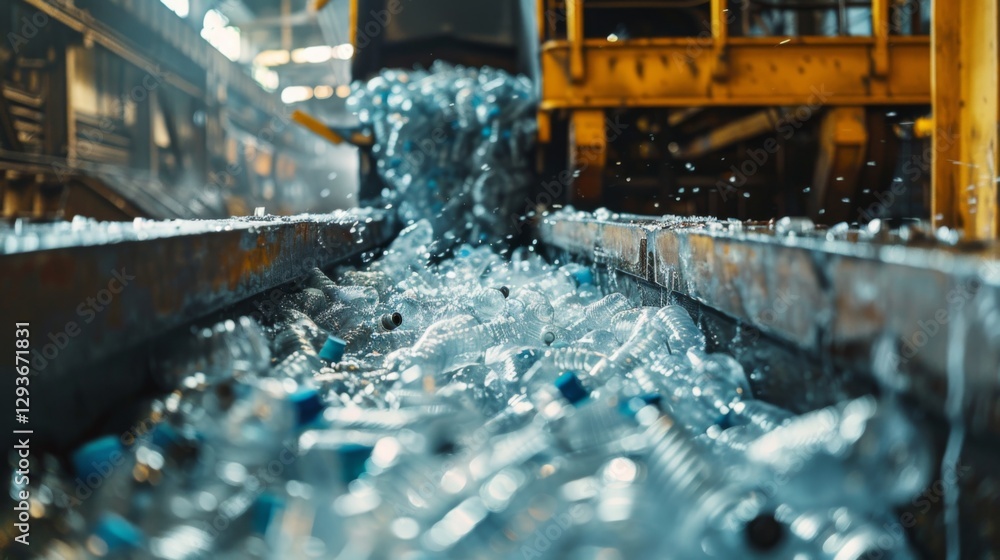 Aufkleber water bottles are being sorted and processed on a conveyor belt inside a recycling facility. sunligh