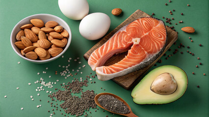 Keto diet theme – top view of salmon, avocado, eggs, nuts, and seeds on a bright. Ideal for fitness and cookery blogs and websites.