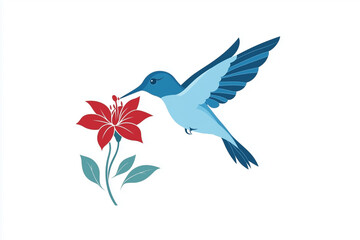 Obraz premium Logo design, a hummingbird drinking nectar from a flower, a simple flat vector illustration on a white background