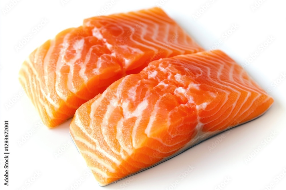 Poster Fresh salmon fillets lying on a clean white surface, ideal for food and cooking illustrations