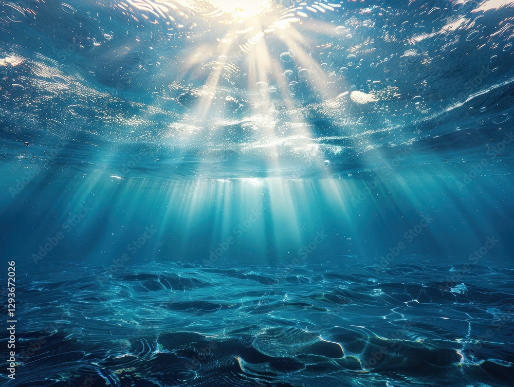 Poster sunbeams illuminate the deep blue ocean: underwater serenity