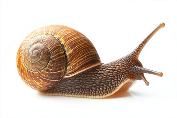 Close up shot of snail eating food isolated on white background, Macro shot escargot with slimy on white.