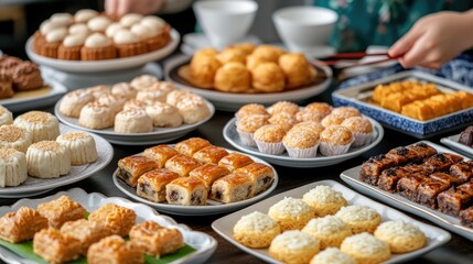 A mouthwatering display of traditional Chinese sweets and pastries meticulously arranged on a tabletop ready to delight and tantalize the senses of guests