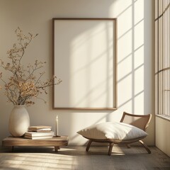 A white framed picture hangs on a wall. A vase with flowers sits on a table. A chair is in front of the picture