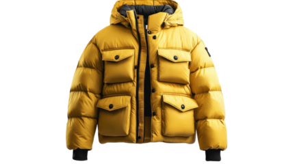 Stylish yellow puffer jacket designed for warmth and functionality with multiple pockets for convenience