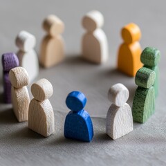 Diverse Group Unity Exploring Collaboration and Togetherness in a Circle of Wooden Figures, Demonstrating Teamwork, Community, and Inclusivity Capturing the Essence of Shared Goals, Support Networks