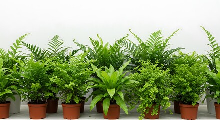 Fototapeta premium Lush Green Ferns in Dark Green Pots, Varied Growth Patterns, Studio Lighting 