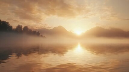 Fototapeta premium Serene landscape capturing a tranquil lake at sunrise, surrounded by misty mountains and soft clouds, creating a peaceful atmosphere.