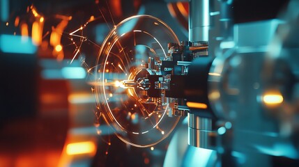 Fototapeta premium Futuristic Technology Machine Abstract Design Orange Blue Glowing Lights Industrial Innovation Advanced Engineering Precision Mechanism Complex System