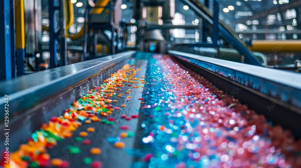 Aufkleber brightly colored plastic particles stretch across a conveyor belt in a recycling center, showcasing 