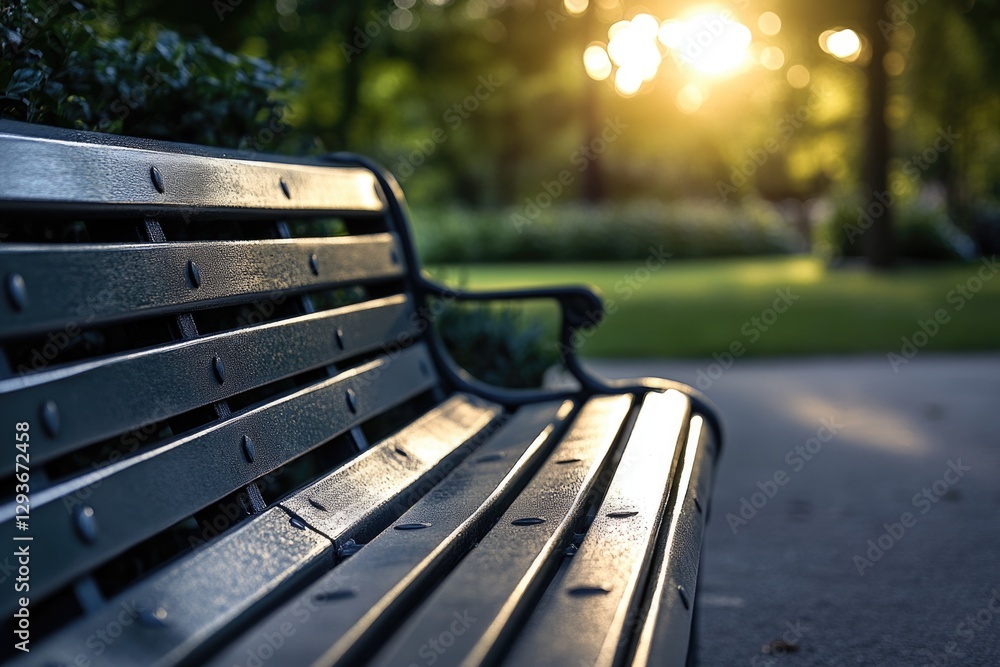 Poster a serene scene of a park bench with the sun setting in the background