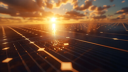 Solar Energy Sunrise: Panoramic view of solar panels during sunset. capturing renewable energy transition. 