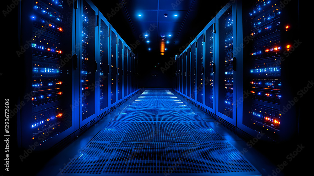 Poster digital fortress: a modern server room bathed in cool blue light, rows of powerful servers humming w