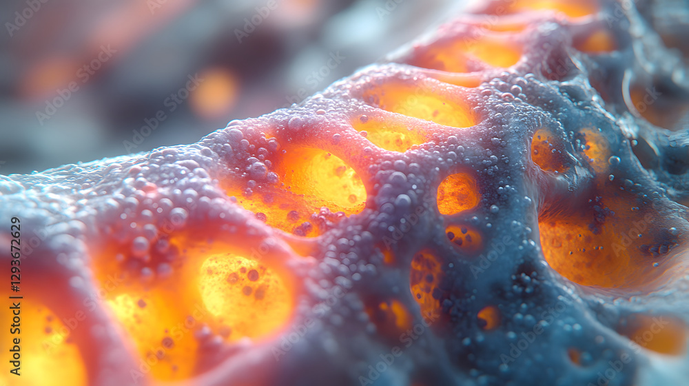 Poster glowing cellular structure: abstract, highly detailed, close-up image of an illuminated, porous cell
