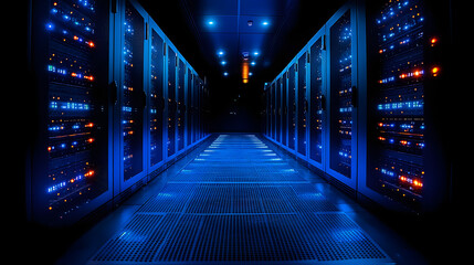 Digital Fortress: A modern server room bathed in cool blue light, rows of powerful servers humming with activity, the heart of modern data processing and secure information storage.