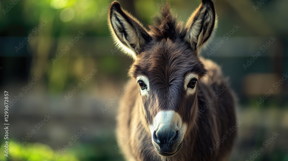 Poster A close-up view of a friendly-looking donkey looking directly into the camera