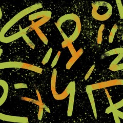 Graffiti in green on a black background with splashes, seamless pattern