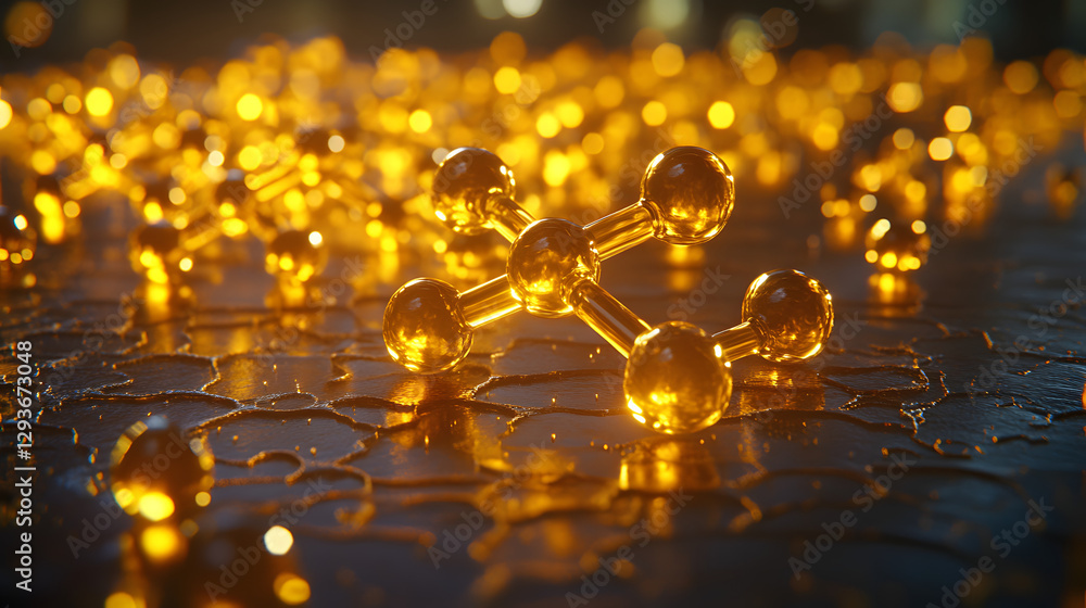 Poster molecular gold: a gleaming cluster of golden molecular structures bathed in a soft, luminous glow, r