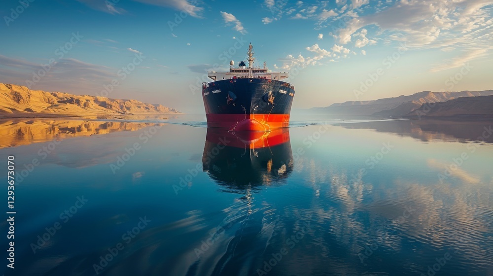 Aufkleber a large cargo ship is anchored in tranquil waters reflecting a beautiful sunrise. the surrounding la