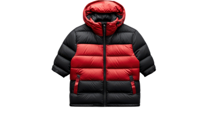 Stylish color-blocked puffer jacket with hood in red and black for cold weather comfort
