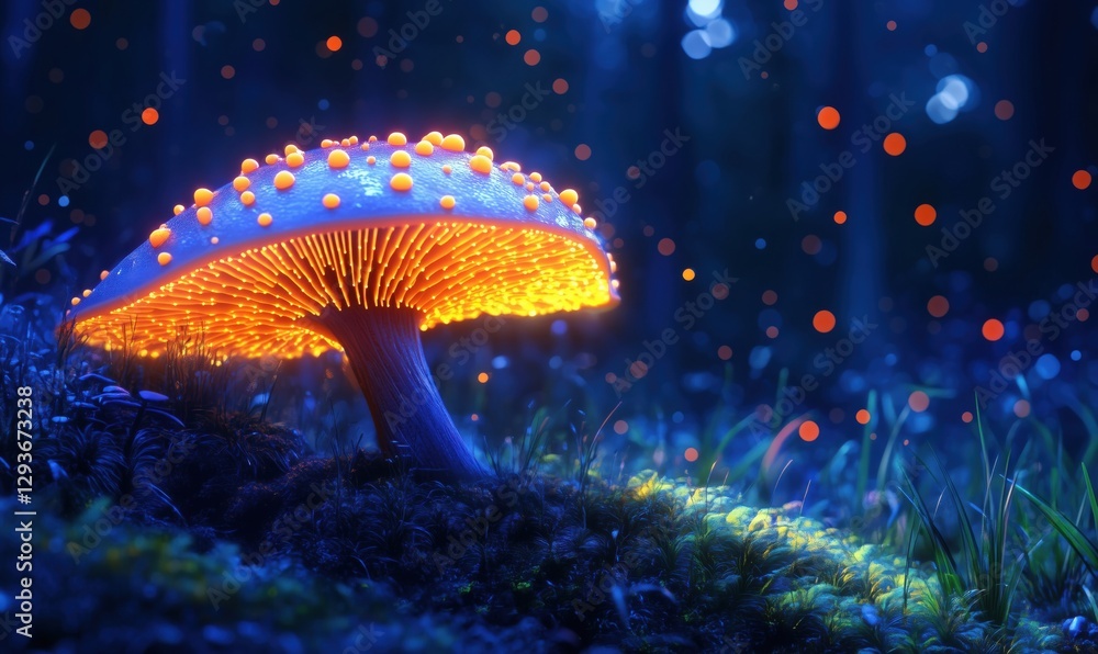 Poster glowing mushroom in enchanting forest setting with bioluminescent features