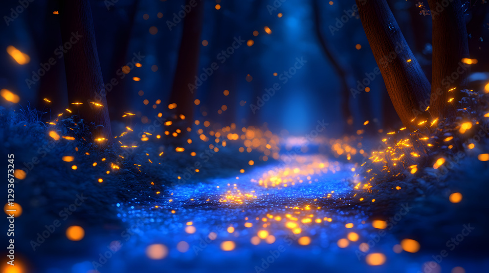 Poster enchanted forest path: a magical forest path glows with ethereal lights, leading the viewer into a c