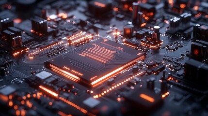 Obraz premium Abstract Futuristic Circuit Board Technology Digital Art Orange Glow HighTech Electronic Components Modern Design Innovation Powerful Processor 