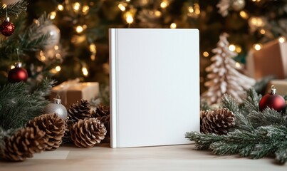 Blank white book cover surrounded by Christmas decorations and pine cones