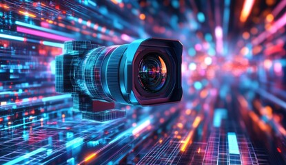 Futuristic camera in digital data stream